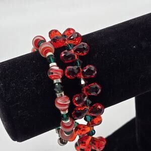 Lot Christmas Holiday Red Green Glass Bubble Teardrop Beaded Bracelets 7.5" & 8"